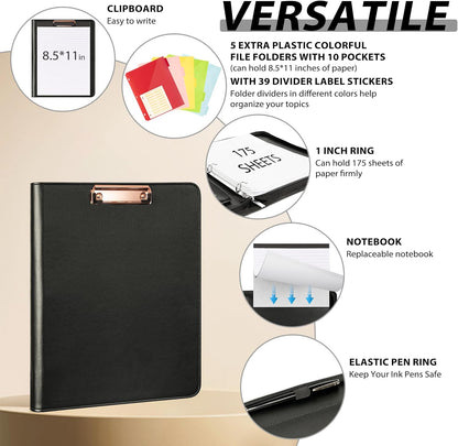 Ospelelf Zippered Padfolio Organizer, Faux Leather 3 Ring Binder with Clipboard, Letter Size Business Portfolio with Notepad, Tablet Sleeve & Phone Pockets for Office Work Brown