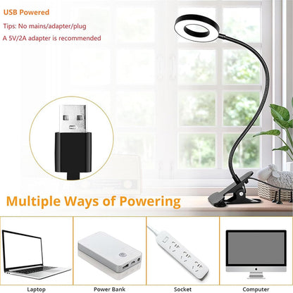 Brokimis Clip on Light LED Reading Book Study Lamp 3 Color Modes 10 Brightness Eye Protection 360° Flexible Gooseneck Student Dormitory Office Desk Lamp at Night in Bed