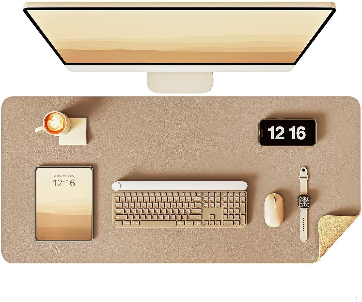YSAGi Double-Sided Desk Pad, 31.5"x15.7"Leather Desk Mat, Eco Cork Desk Pad Protector,Large Mouse Pad,Waterproof Desk Blotter for Office/Home(Coffee)