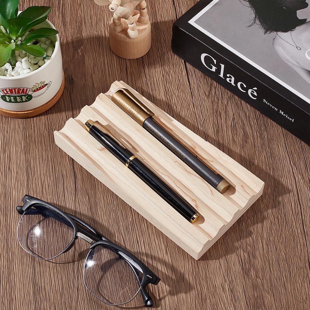 PH PandaHall Ash Wood Pen Tray Pen Display Stand Wave-Shaped Pens Holder Desk Pencil Organizer Fountain Pens Holder with 3 Compartments for Office Home Desktop Stationary Storage Supplies
