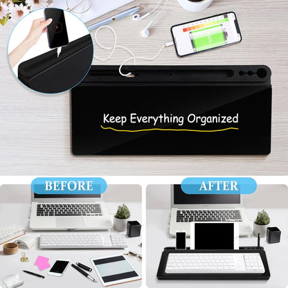 DOLLAR BOSS Glass Desk Whiteboard Calendar Small Dry Erase Board Desktop White Board with Storage Drawer Computer Keyboard Stand Desk Organizer, Colorful Weekly Calendar, Black