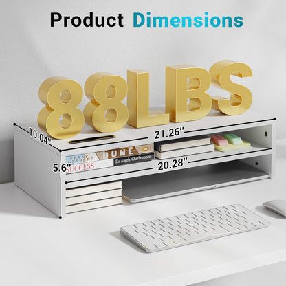 BONTEC Wooden Monitor Stand Riser for Desk, 2-Tier Computer Monitor Stand with Storage, 66 lbs Desk Shelf Organizer, Laptop & Printer Stand with Phone Holder and Cable Management, White, 16.5 Inch