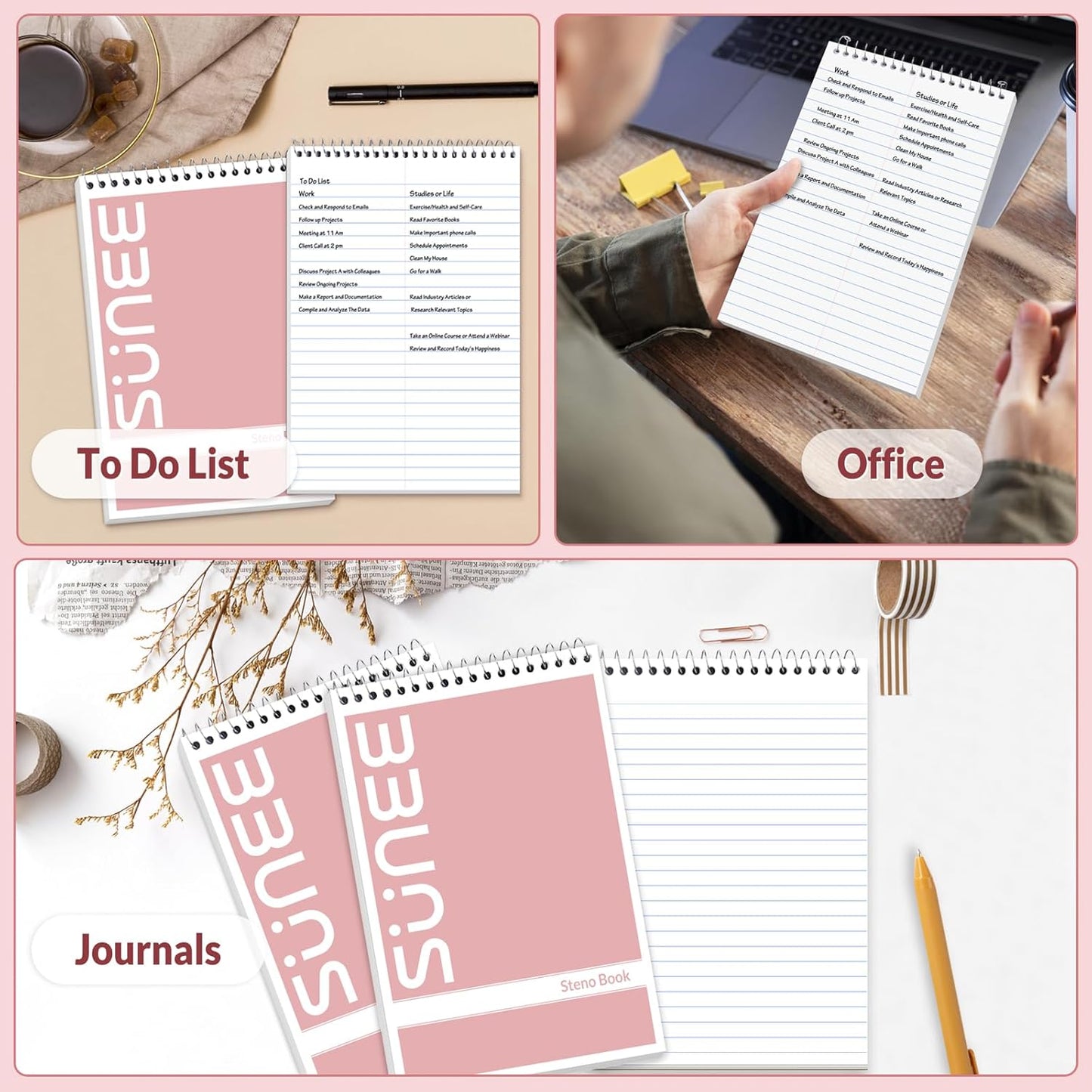 SUNEE 2 Pack Steno Pads 6x9, Gregg Rule, 60 Sheets, Spiral Notebook 6x9, White Paper, Take Notes with Top Spiral Notebook, for School, University, College, Work, Office, Yellow