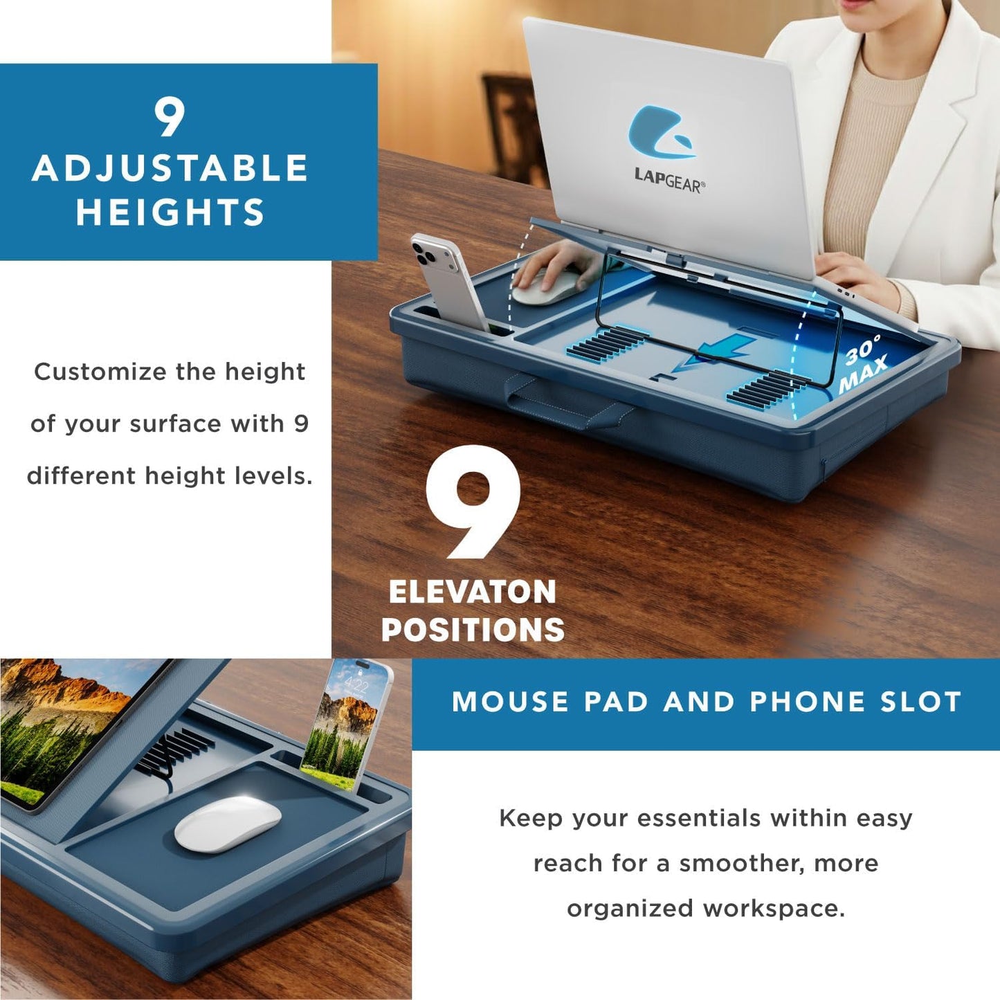 LAPGEAR Ergonomic Pro 2.0 Lap Desk with 9 Adjustable Heights, Built-in Mouse Pad & Phone Slot – Full Microbead Cushion, Storage Pocket – Fits Laptops up to 15.6" – Dusty Rose – Style No. 49504