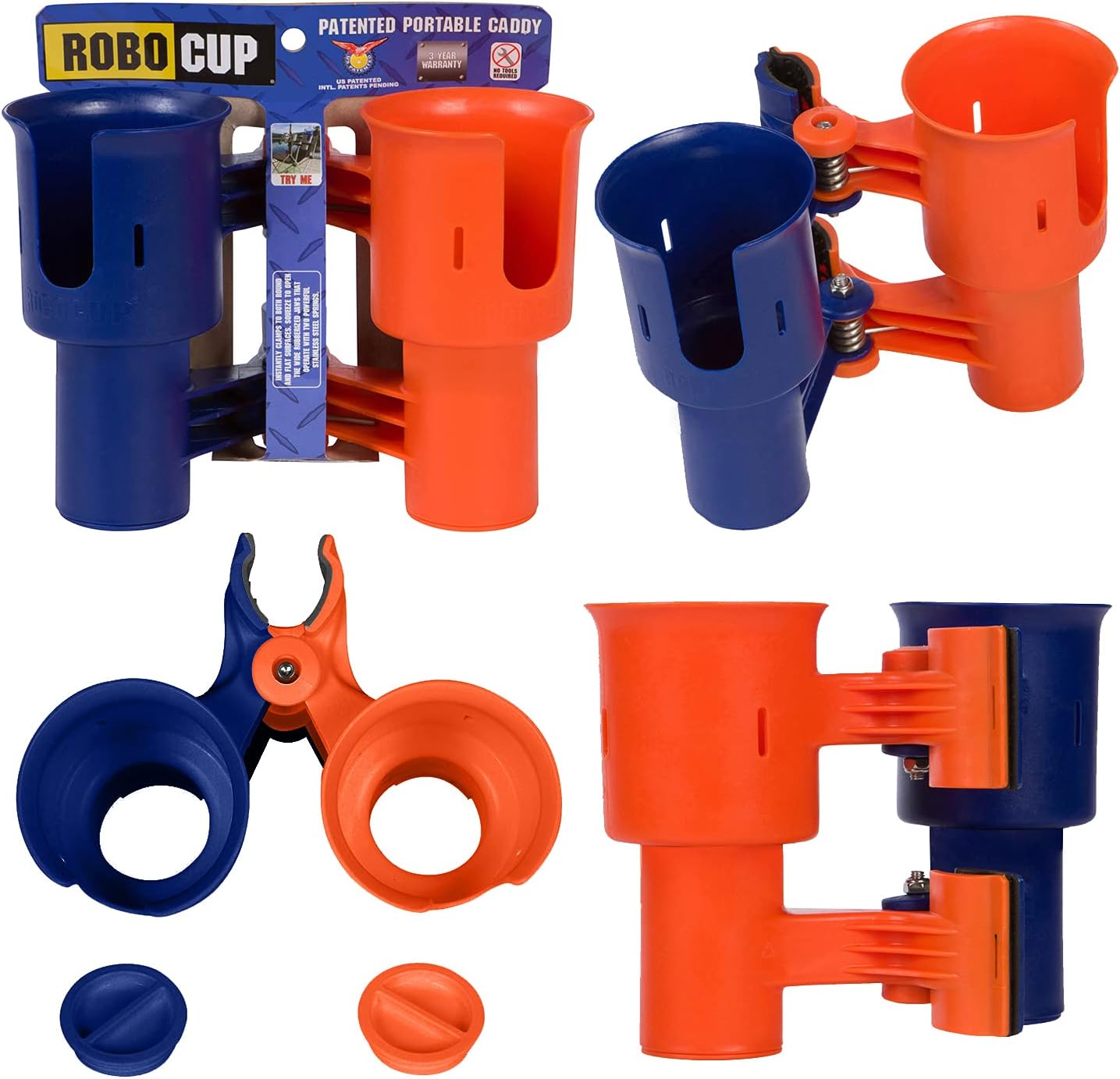 ROBOCUP, (White), Patented Clamp On Boat Cup Holder |Multifunction Dual Drink Caddy for Fishing Poles, Tools, Net, Gaff |Portable Storage for Boating, Beach, Umbrellas, Golf Carts, Strollers