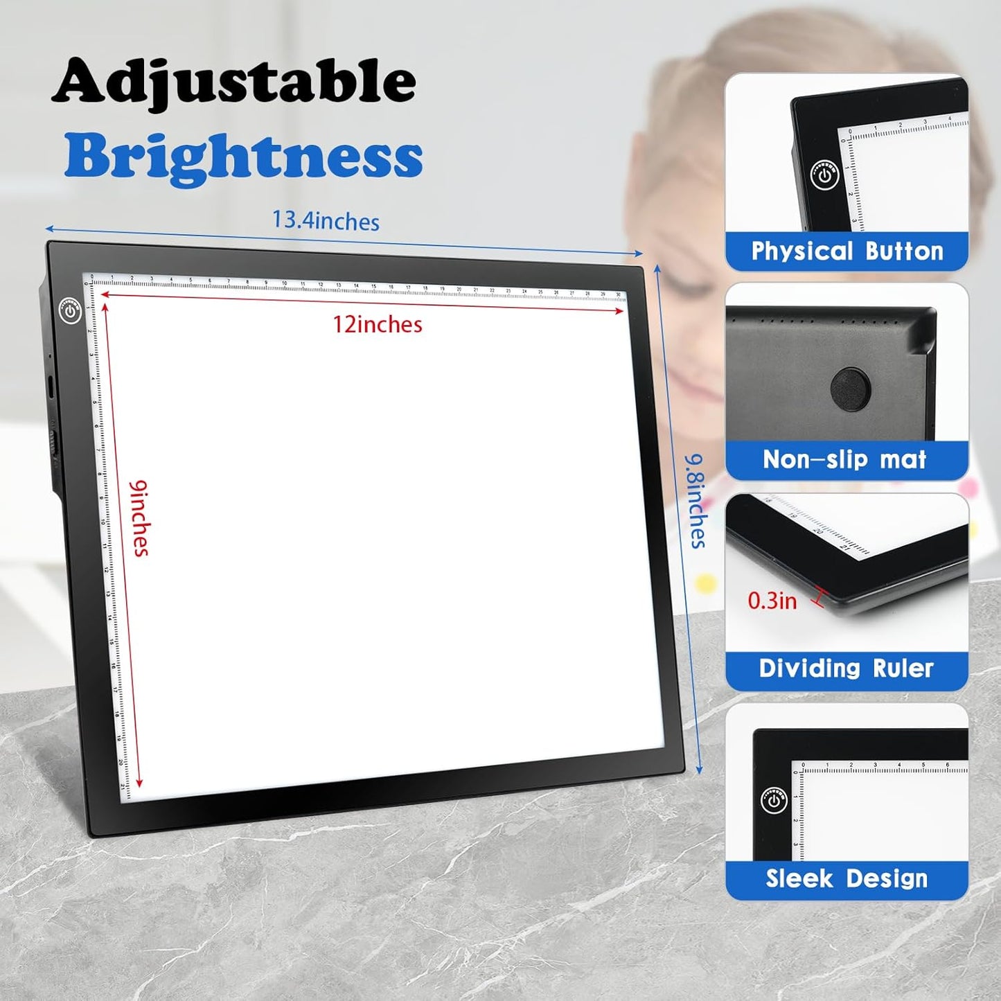 KIVOTAC 9x12 Inch LED Light Pad, Ultra-Thin USB Powered Bright Light up Box Adjustable Light Table for Drawing, Weeding Vinyl, Diamond Art, Sketching, Tracing and Animation