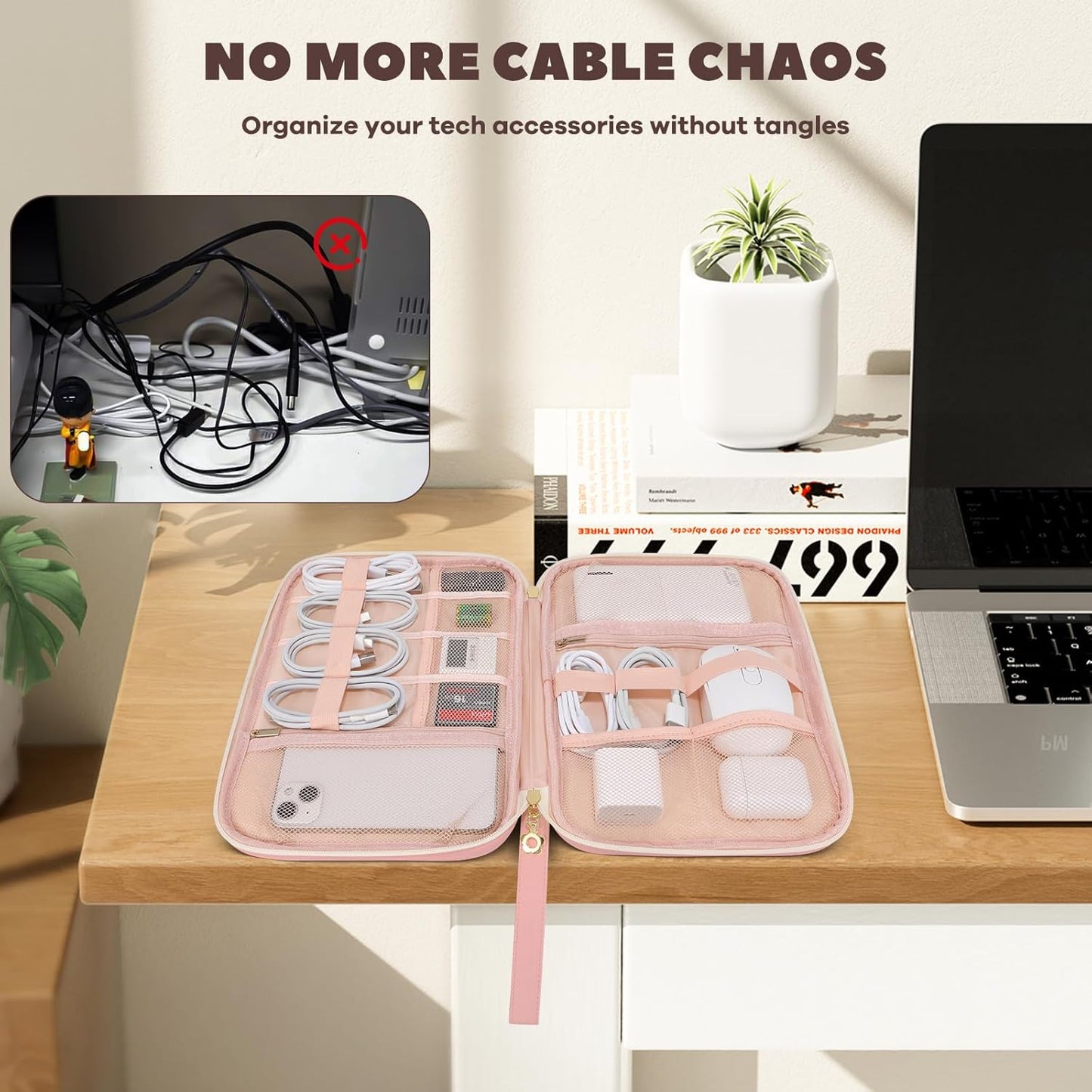 Electronics Organizer Travel Case, Charger Bag Cord Organizer Travel, Compact Tech Pouch Cable Organizer Bag for Charger, Cords, Phone, Headphones, Flash Drive, SD Card (Pink, Small-Double Layer)