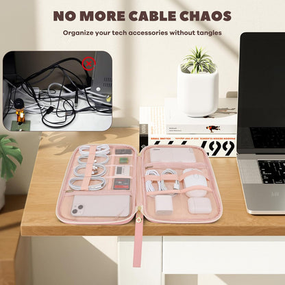 Electronics Organizer Travel Case, Charger Bag Cord Organizer Travel, Compact Tech Pouch Cable Organizer Bag for Charger, Cords, Phone, Headphones, Flash Drive, SD Card (Pink, Small-Double Layer)