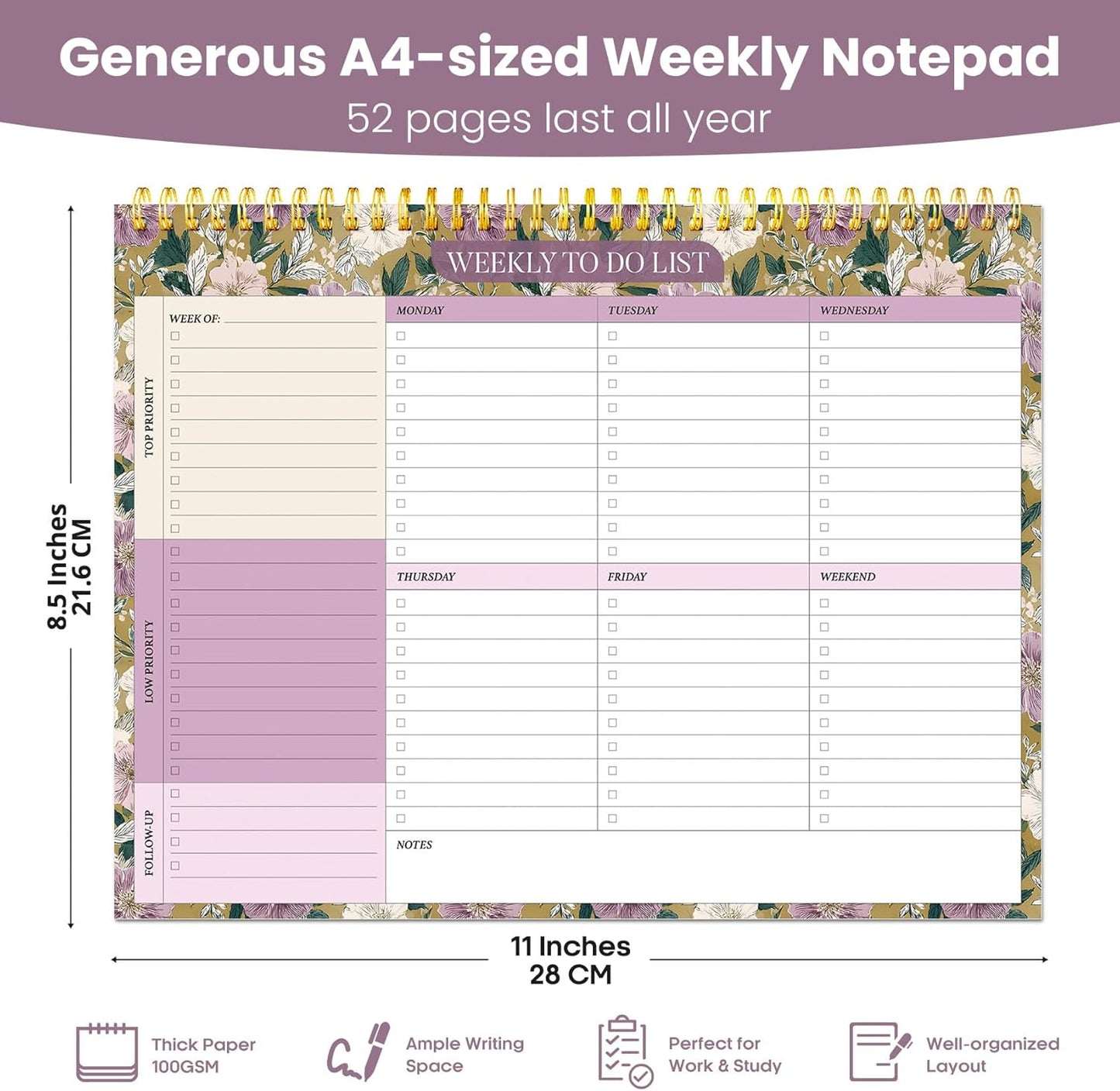 Weekly To Do List Notepad with 52 Undated Sheets（8.5"×11"）- Undated Weekly Planner Notepad for Office Desk Accessories and Supplies - Midnight Lilac
