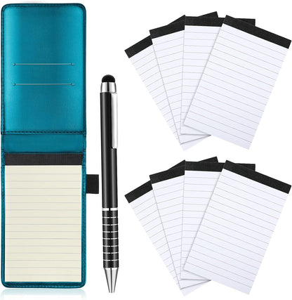 Outus 10 Pcs Mini Pocket Notepad Holder Set Included Small Leather Pocket Notebook Holder with 50 Lined Sheets, Metal Pen, 8 Pcs 3 x 5 Inch Memo Book Refills, 30 Lined Paper Per Note Pad (Black)