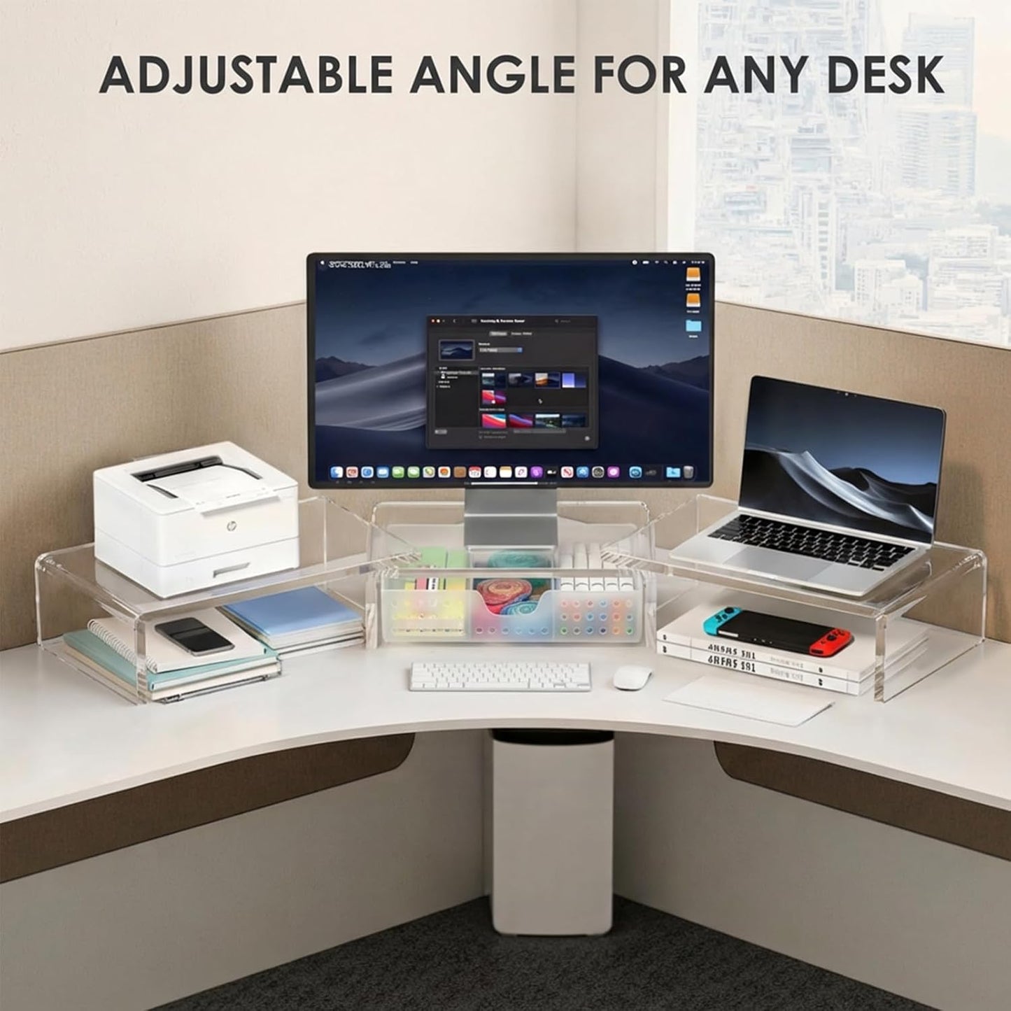 OPNICE Desk Organizers and Accessories, Dual Monitor Stand Riser with Drawer and 2 Pen Holders, Desk Shelf Wood Computer Racks for Office Workspace Organizers, Desktop Organization (Rustic Brown)