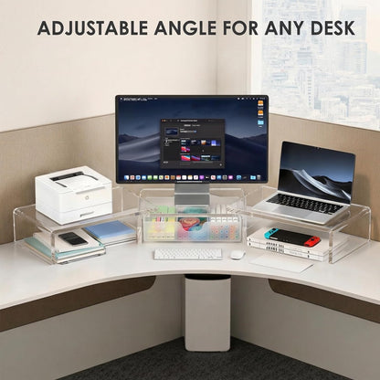 OPNICE Desk Organizers and Accessories, Dual Monitor Stand Riser with Drawer and 2 Pen Holders, Desk Shelf Wood Computer Racks for Office Workspace Organizers, Desktop Organization (Rustic Brown)
