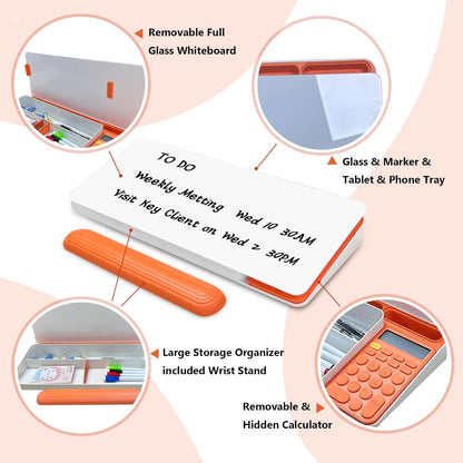 Desk Whiteboard Dry Erase Glass Desktop Whiteboard with Calculator, Desk Board with Keyboard Stand for Office or School