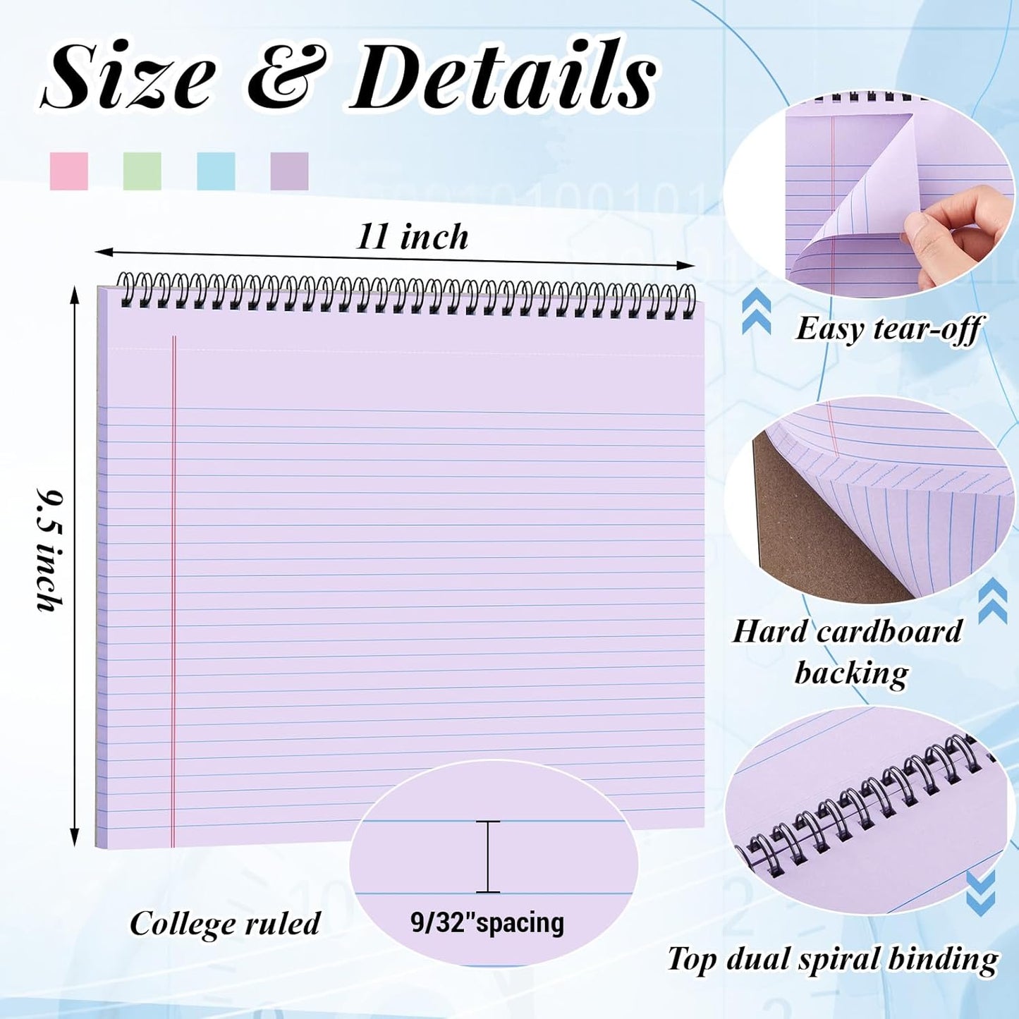 MotiMind 4 Pack Landscape Notebook Top Spiral Bound 11 x 9.5 Inch College Ruled Legal Pads Horizontal Notepad with Hole Punched Pages for Office School Meeting Project Notes Daily Use, White