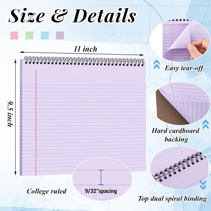MotiMind 4 Pack Landscape Notebook Top Spiral Bound 11 x 9.5 Inch College Ruled Legal Pads Horizontal Notepad with Hole Punched Pages for Office School Meeting Project Notes Daily Use, White