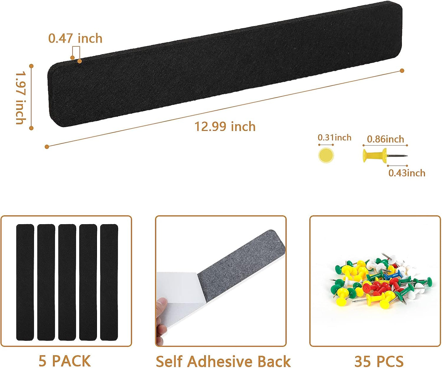 Felt Pin Board Bar Strips Bulletin Board for Bedrooms Offices Home Wall Decoration, Notice Board Self Adhesive Cork Board with 35 Push Pins for Paste Notes, Photos, Schedules