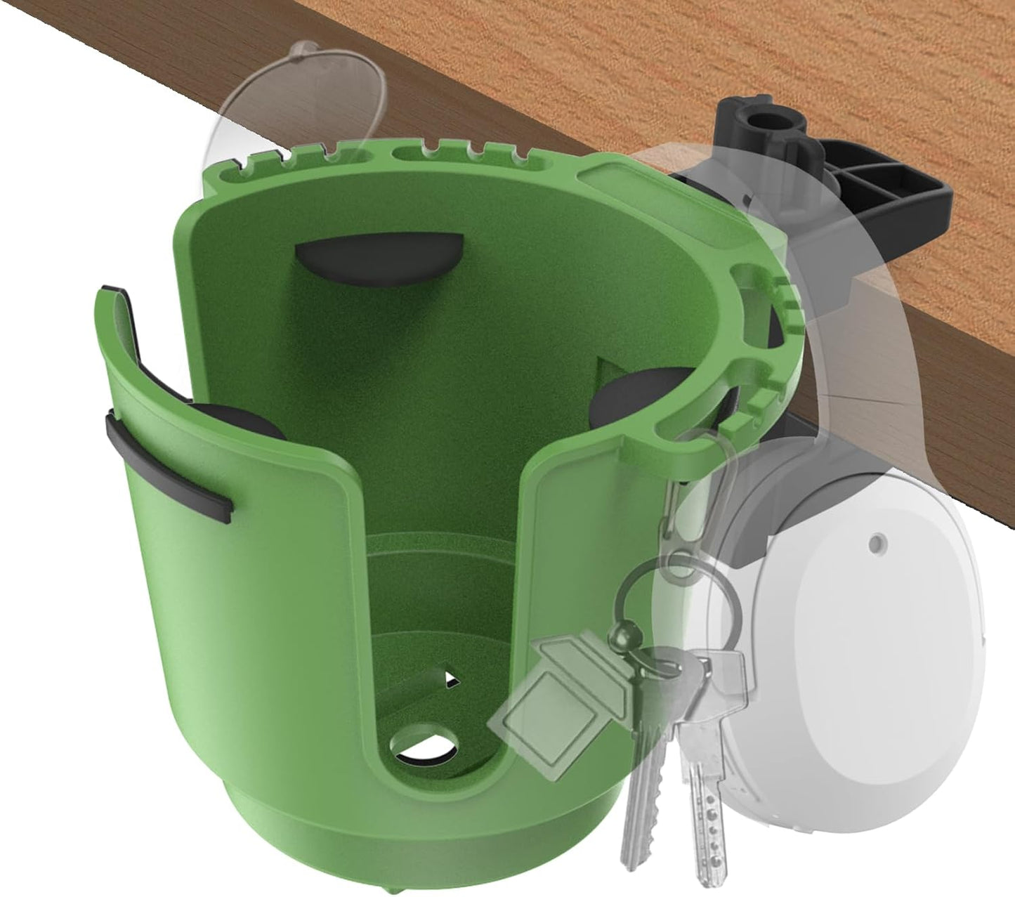 Desk Cup Holder with Spill-Proof Cup Design, Clip on Cup Holders for Desk, Table, Porch Swing, Patio Chair , Fits Maximum Diameter of 3/3.38 inches Bottles. (Black, Large)