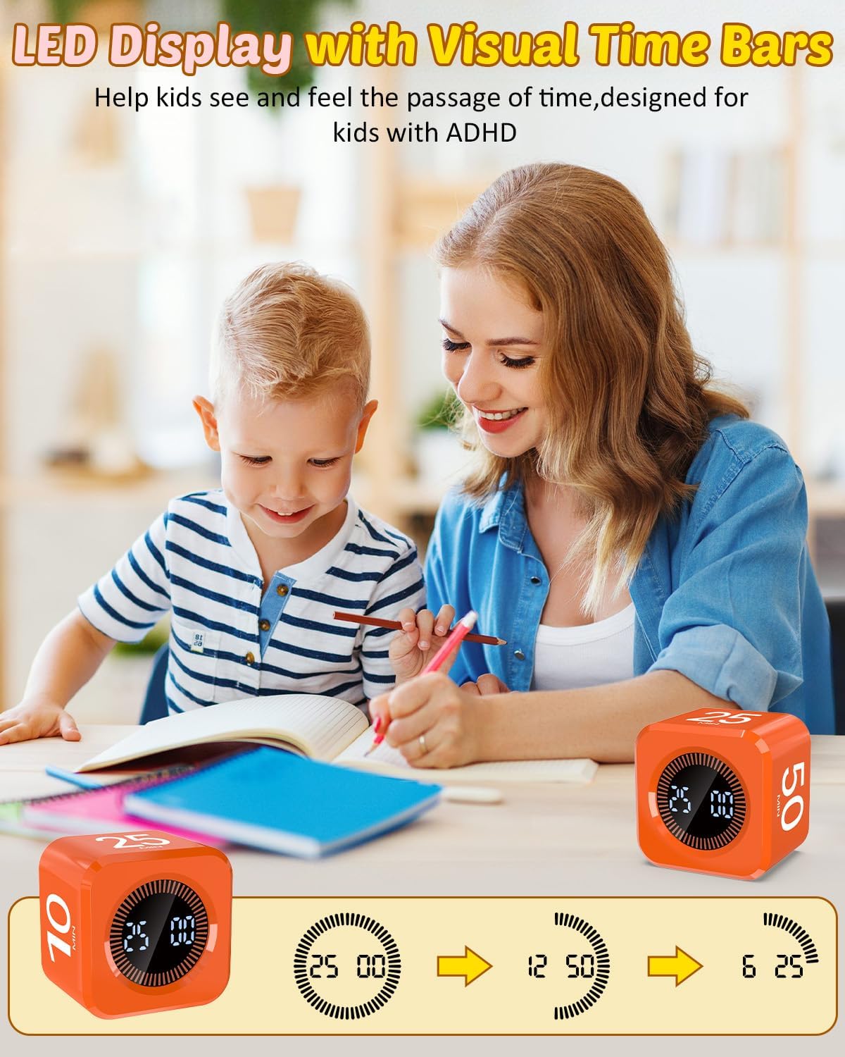 Digital Pomodoro Timer Cube 5/10/25/50min, Visual Productivity Flip Timer for Kids Classroom Desk, Custom Countdown, Silent and Sound Mode for ADHD Study Work Game Kitchen (Pink)
