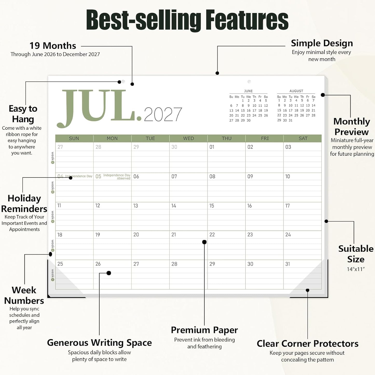 Guasslee Desk Calendar 2026-2027(Jun. 2026 - Dec. 2027), 19-Month School Year Compact Desktop & Wall Calendar, 14" x 11" Thick Paper Monthly Planner for Small Space, Home Office, Dorm & School