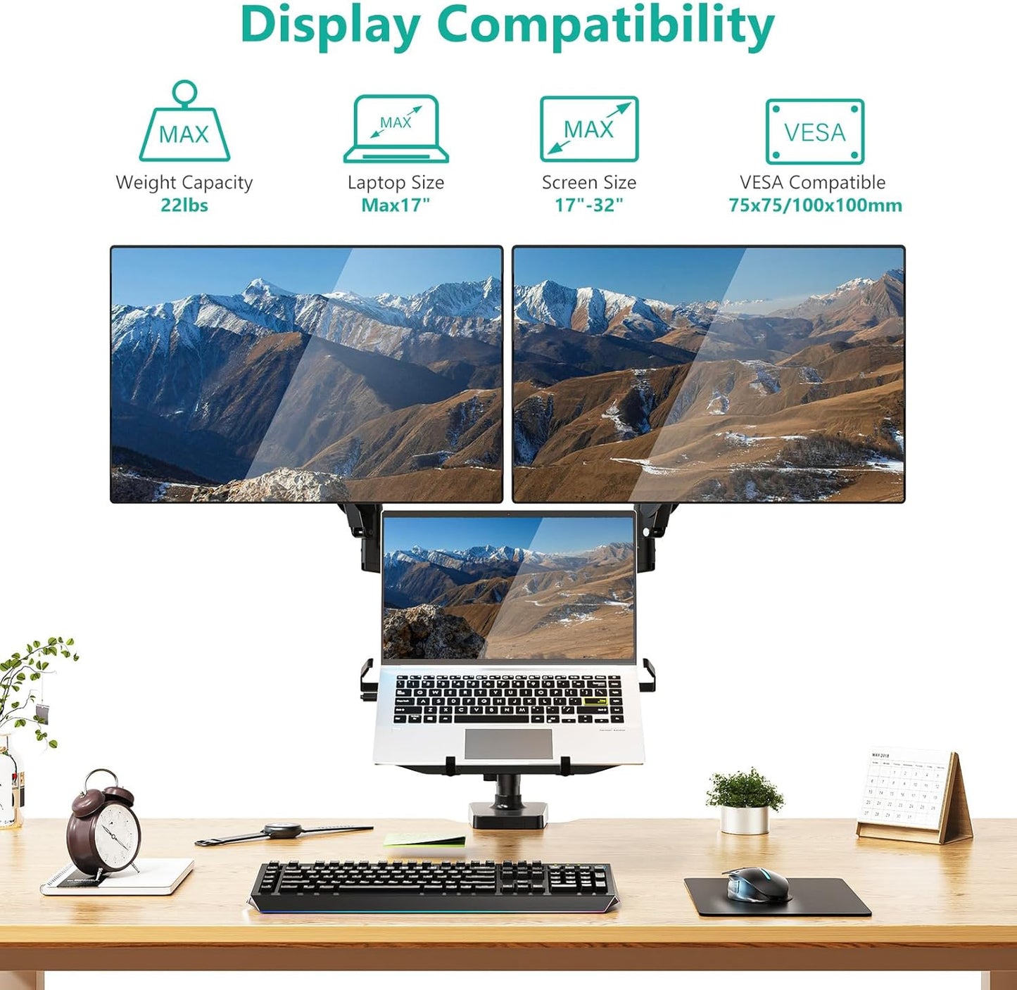 WALI Single Arm Laptop and Monitor Desk Mount for 17" Notebook and Up to 32" Screen, 2-in-1 Adjustable Monitor Arm with Laptop Tray, VESA 75x75 100x100,Holds 22-26.4 lbs, Black (GSMP001NLP)