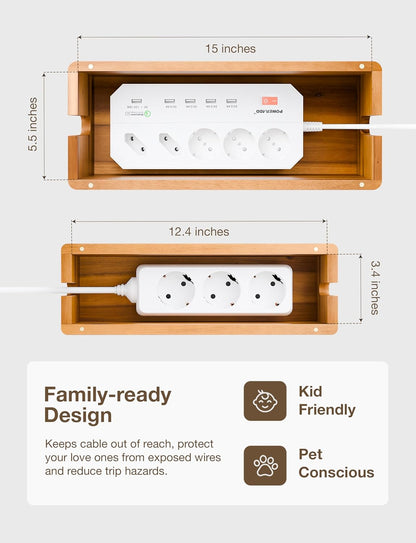 TIDITA Acacia Wood Cable Management Box Round Edge - 16" L Wooden Cable Organizer Box for Electrical Hiding Cord Management - Power Strip Hider Cable Storage Box for Office, Router Wires, Under Desk