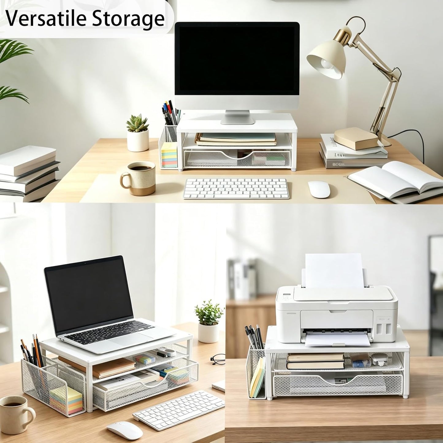Spacrea Desk Organizer and Accessories, Computer Monitor Stand Riser with Drawer and 2 Pen Holders, Office Desk Accessories & Workspace Organizers for Office Supplies (Wood)