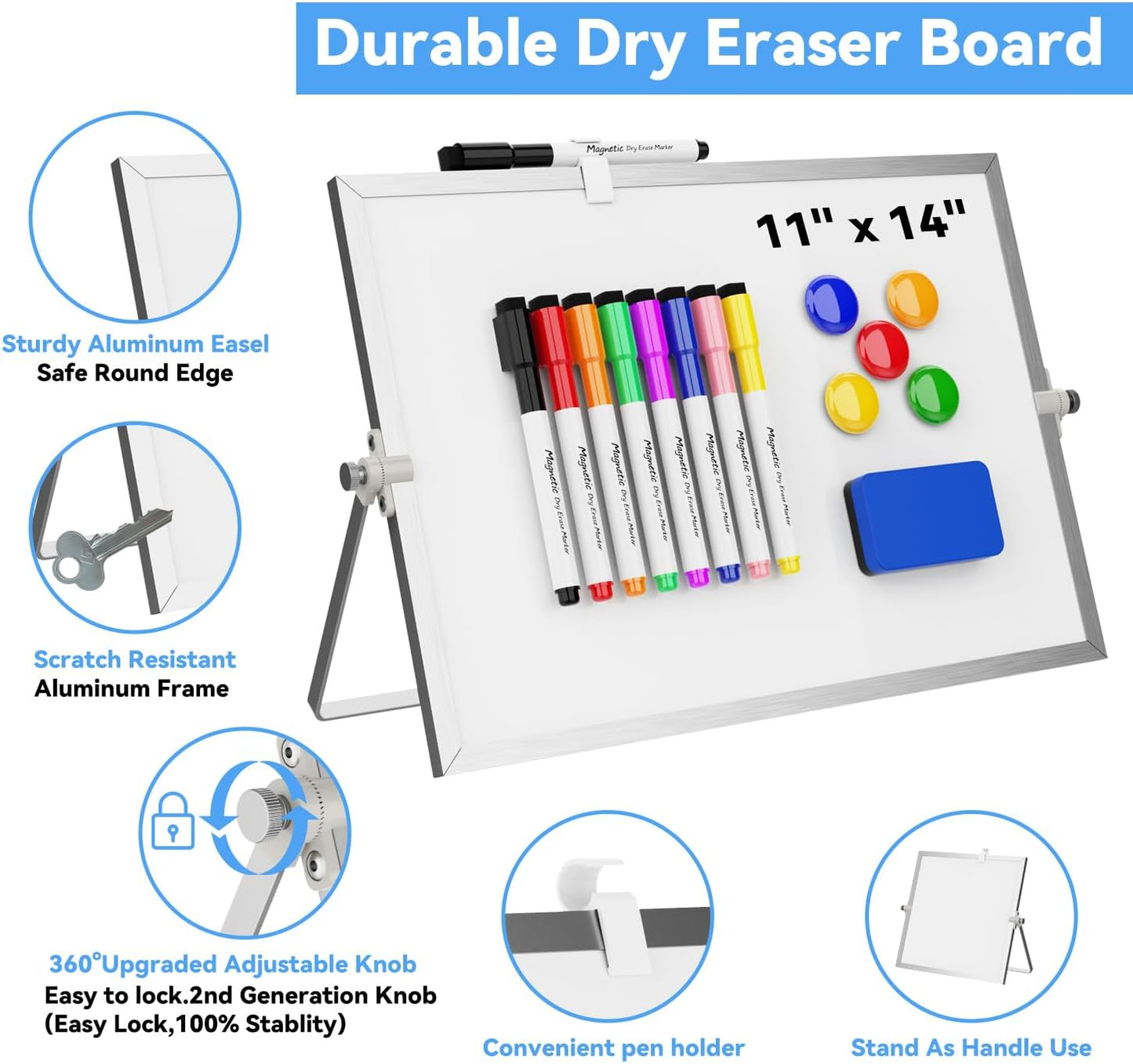 Dry Erase White Board, Cazeyoo Magnetic Desktop Whiteboard 16 x 12inch with Stand, 10 Markers, 4 Magnets and 1 Eraser, Portable Double-Sided White Board for Kids Drawing, Office, Home, School