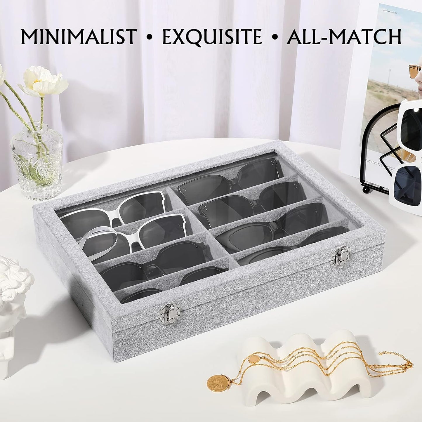 Emibele Glasses Organizer Jewelry Tray, 8 Grids with Clear Lid Velvet Tray Watch Storage Stackable Jewelry Showcase Display Storage with Detachable Inner Dividers, Beige