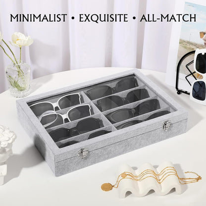 Emibele Glasses Organizer Jewelry Tray, 8 Grids with Clear Lid Velvet Tray Watch Storage Stackable Jewelry Showcase Display Storage with Detachable Inner Dividers, Beige