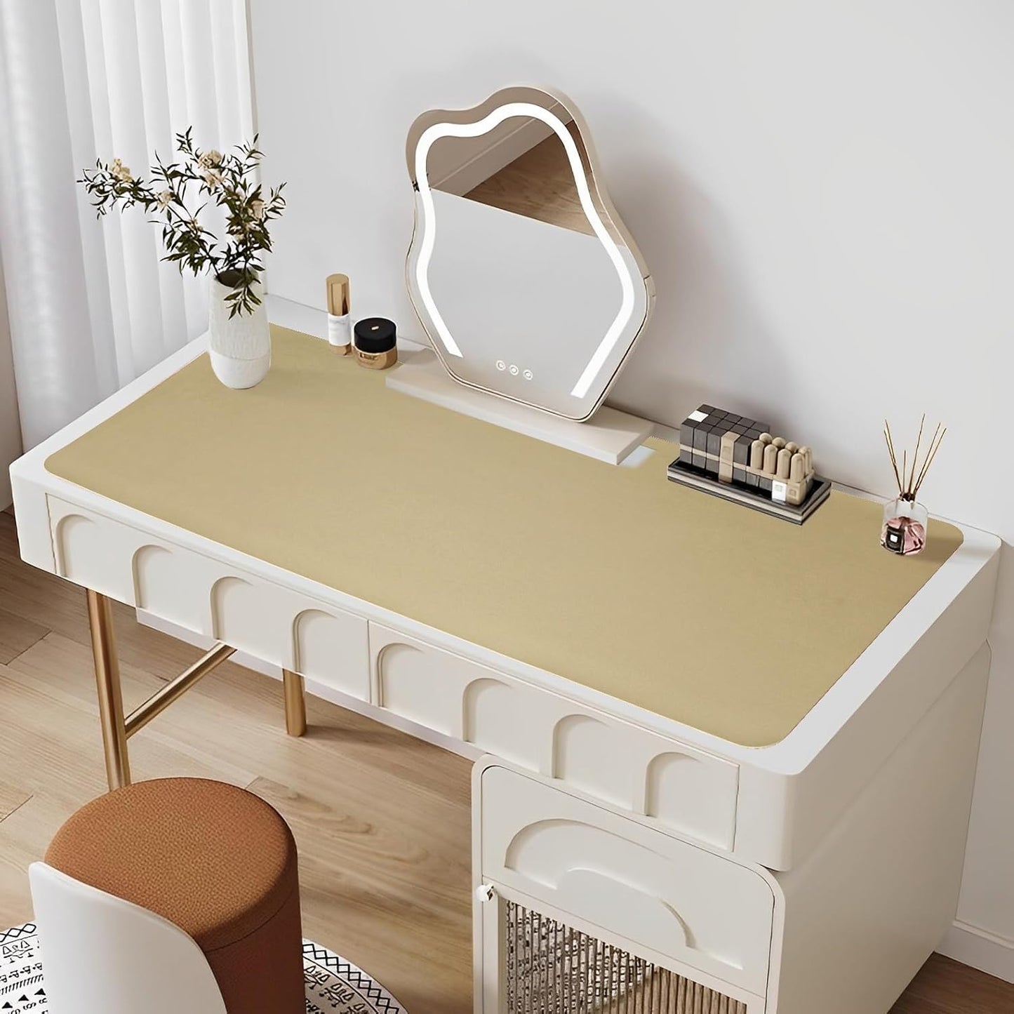 HofferRuffer Desk Pad, Office Desk Protector Mat, Waterproof Desk Mat for Desktop, Dual Side Use Faux Leather Desk Pad for Keyboard and Mouse for Office and Home (Gold+Cork, 31.5" x 15.8")