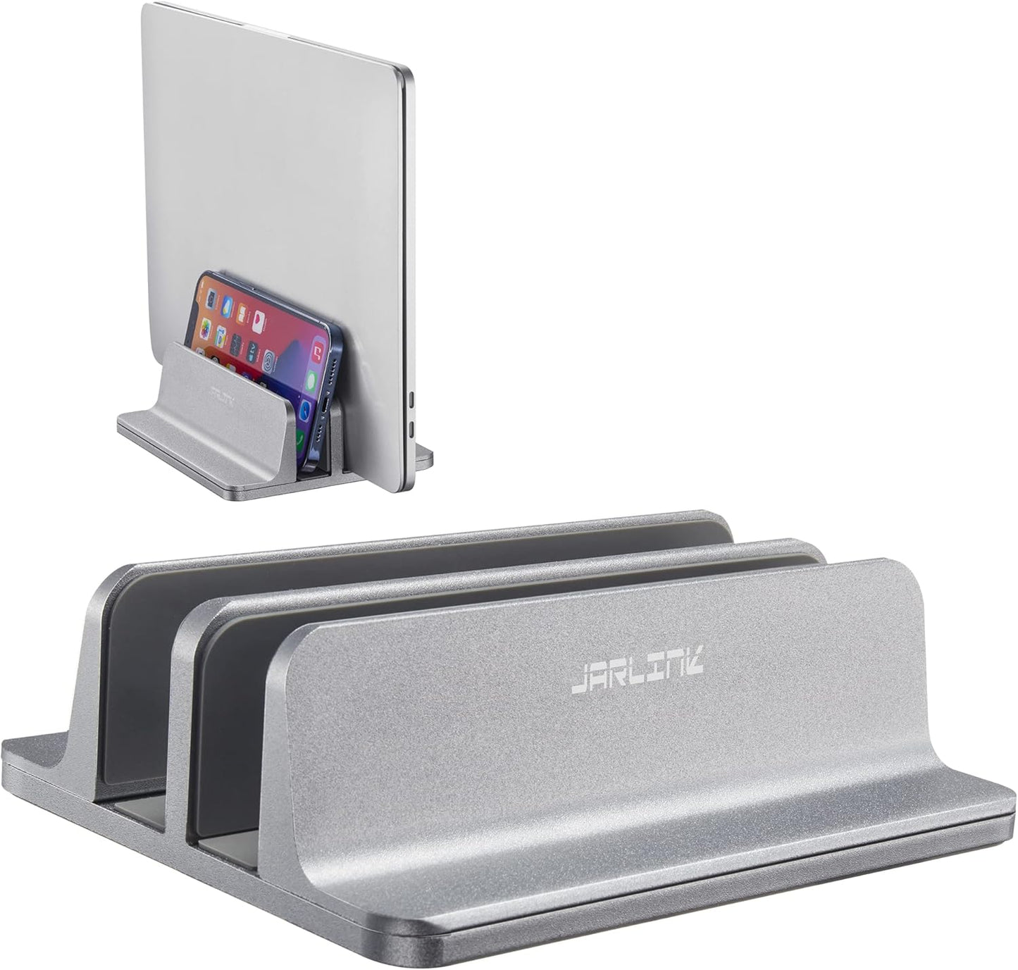 JARLINK Vertical Laptop Stand Holder, Aluminum Double Desktop Stand Holder with Adjustable Dock (Up to 17.3 inch), Compatible with MacBook, Surface, Chromebook, and Gaming Laptops, Silver
