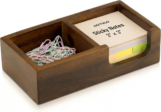 Demigo Wooden Sticky Note Holder for Desk – Solid Acacia Wood Organizer for 3x3 Note Pads, Paper Clips, Office Supplies – Compact Memo Pad Holder for Home Office, Teachers