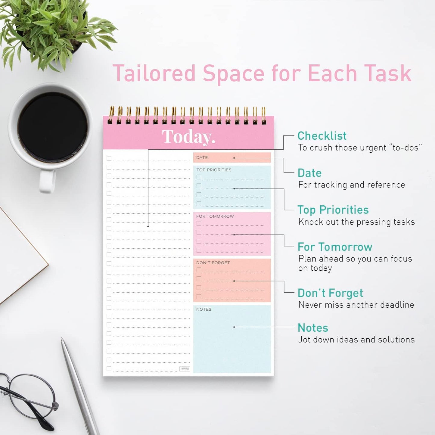 Sweetzer & Orange Daily & Weekly To Do List Notepad – Undated Work Planner & Organizer with Wish List Section, 52-Sheet Coiled Task Pad for Productivity – MAUVE To Do List Notebook for Work