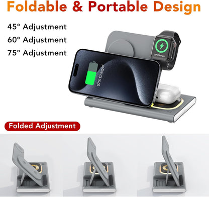 3 in 1 Foldable Charging Station for Apple Products,Wireless Charger for iPhone 17 16 15 14 13 12 Pro Max,Travel Dock Adapter&Light for iWatch Series 11 10 9 Ultra 3/2 SE 3/2,for AirPods 4 3 2 Pro 3/2