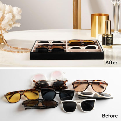 Frebeauty Sunglass Organizer,PU Leather Glasses Organizer,8-Slot Sunglasses Tray,Men's/Women's Sunglasses Box,Sunglass Case,13.3 x 9.6 x 1.5 Inches,Eyeglass/Eyewear Display Tray(Grey)
