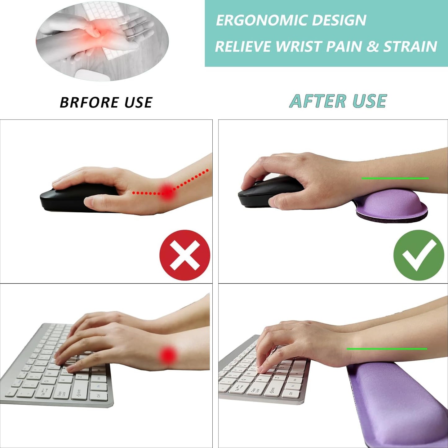 Keyboard Wrist Rest Mouse Wrist Support Set, Memory Foam Wrist Rest Pad for Computer Laptop Keyboard Mouse, Ergonomic Wrist Cushion Support for Typing Pain Relief, Gaming Home Office, Flowers Grass