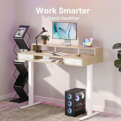 HUANUO 55″ x 26″ Electric Standing Desk with 2 Drawers &24.4″ Large Keyboard Tray, C-Clamp Mount Compatible, Adjustable Computer Desk for Office, Sit Stand Up Desk with 4 Height Presets, Light Walnut