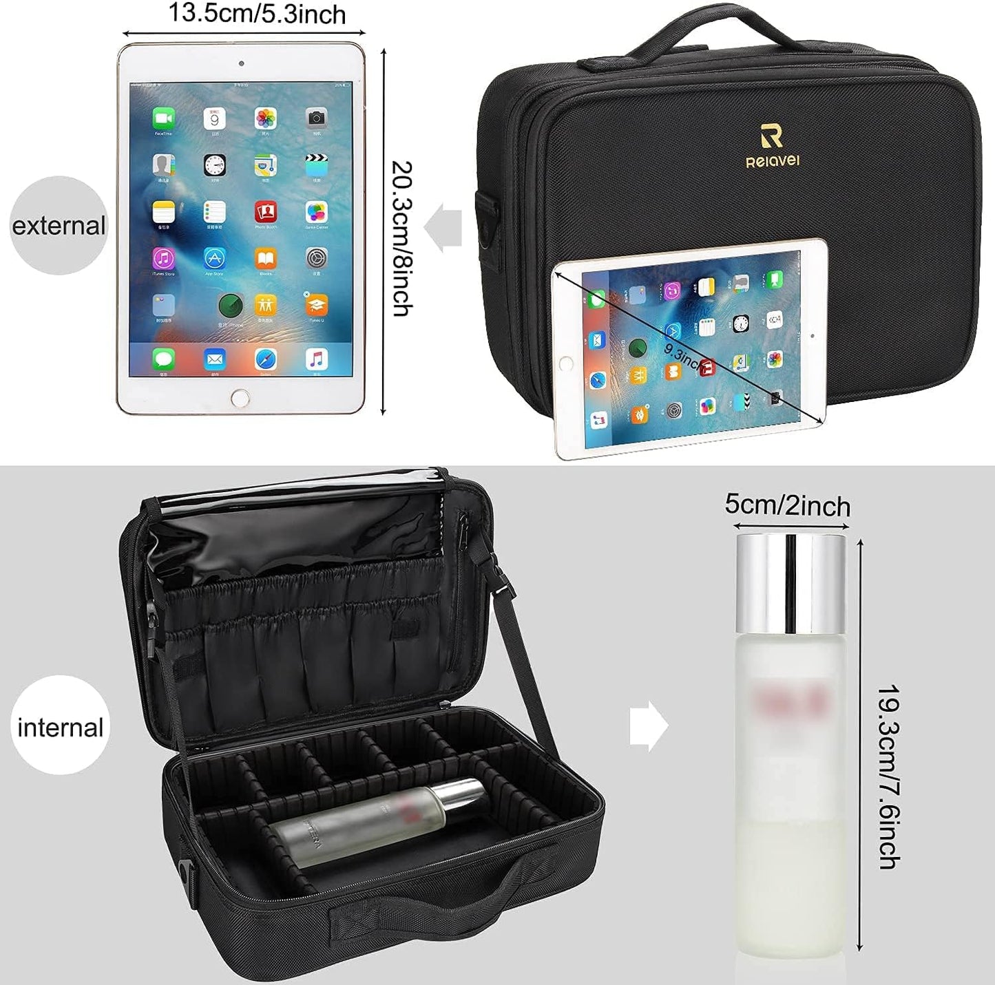 Relavel Makeup Case Large Makeup Bag Professional Train Case 16.5 inches Travel Cosmetic Organizer Brush Holder Waterproof Makeup Artist Storage Box, 3 Layer Large Capacity, with Adjustable Strap