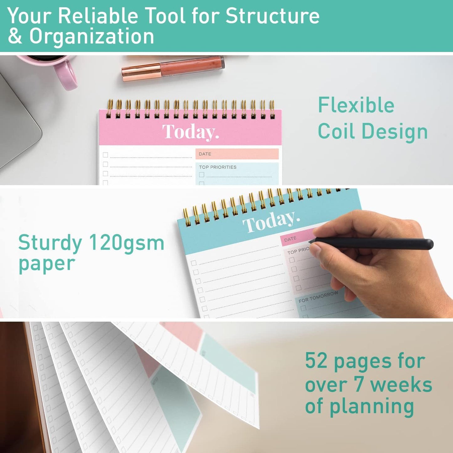 Sweetzer & Orange Daily & Weekly To Do List Notepad – Undated Work Planner & Organizer with Wish List Section, 52-Sheet Coiled Task Pad for Productivity – MAUVE To Do List Notebook for Work
