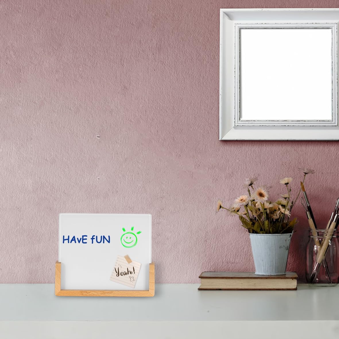 Desktop Glass Whiteboard with Walnut Wood Base,Small Dry Erase Board, Black Writing Note Pad, Desk White Board,Glassboard for Tabletop Display(Walnut Base,Glass)