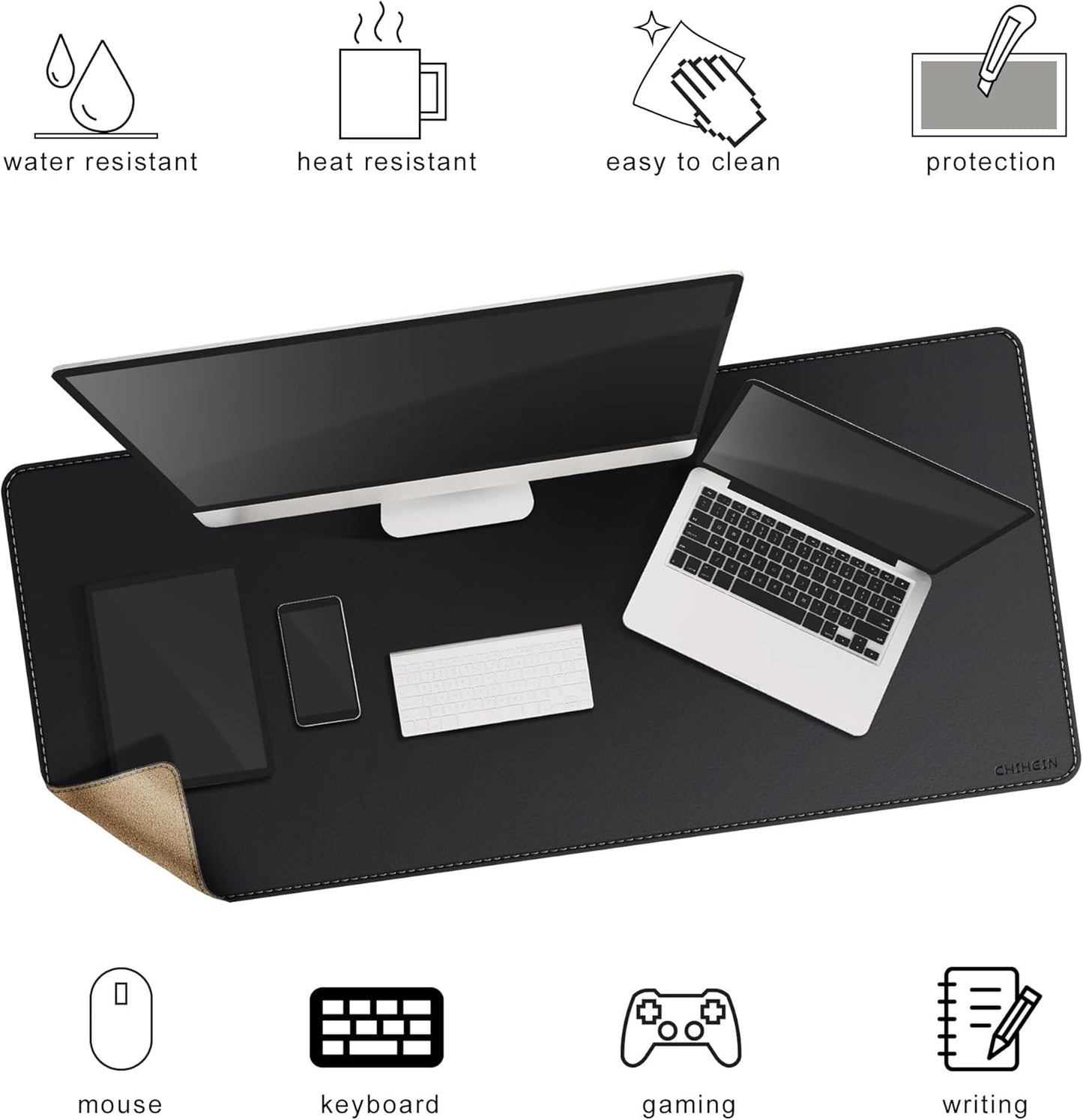 Chihein 2XL 35" x 16" Cork & PU Leather Desk Mat, Dual Sided Desk Pad Protector, Waterproof Writing Blotter for Gaming, Office, Home (Black)