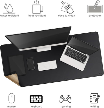 Chihein 2XL 35" x 16" Cork & PU Leather Desk Mat, Dual Sided Desk Pad Protector, Waterproof Writing Blotter for Gaming, Office, Home (Black)