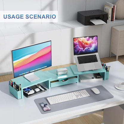 gianotter Dual Monitor Stand Riser, Desk Organizer With Drawer and 2 Pen Holders,Computer Monitor Stand, Desk Shelf for Top of Desk, Wood