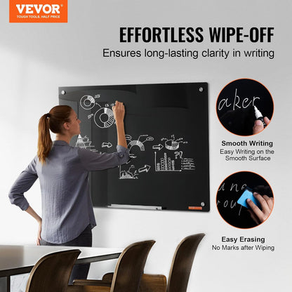 VEVOR Magnetic Glass Whiteboard, Dry Erase Board 36"x24", Wall-Mounted Large White Glassboard Frameless, with Marker Tray, an Eraser and 2 Markers, Black