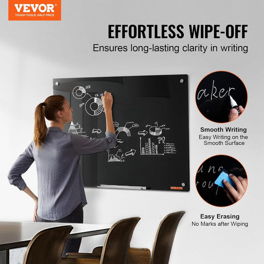 VEVOR Magnetic Glass Whiteboard, Dry Erase Board 36"x24", Wall-Mounted Large White Glassboard Frameless, with Marker Tray, an Eraser and 2 Markers, Black