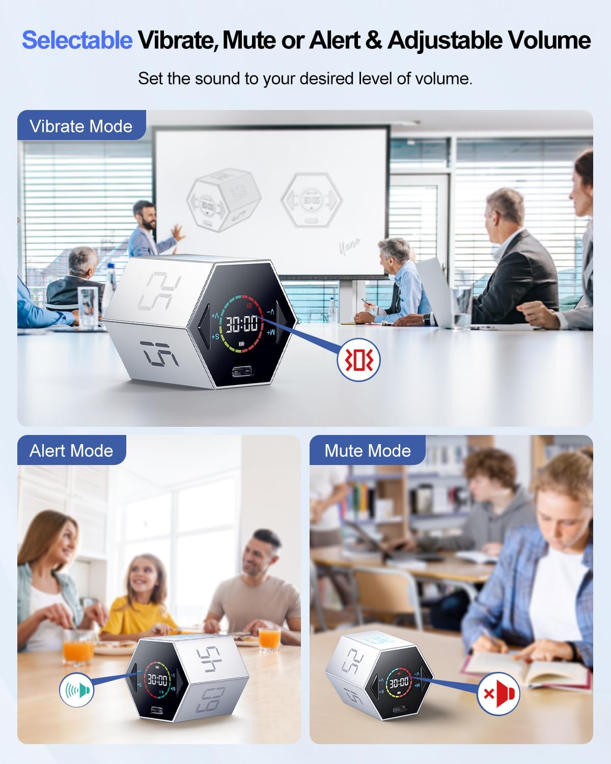 Ticktime Pomodoro Timer, Productivity Timer Cube, 3/5/10/15/25/30 Min Presets, Custom Countdown & Stopwatch 1s–99m59s, Sound/Vibration/Silent, Magnetic, Rechargeable, for ADHD Study Work, Gray