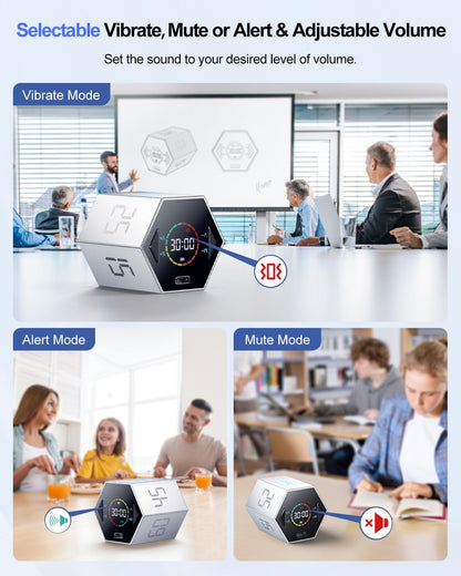 Ticktime Pomodoro Timer, Productivity Timer Cube, 3/5/10/15/25/30 Min Presets, Custom Countdown & Stopwatch 1s–99m59s, Sound/Vibration/Silent, Magnetic, Rechargeable, for ADHD Study Work, Gray