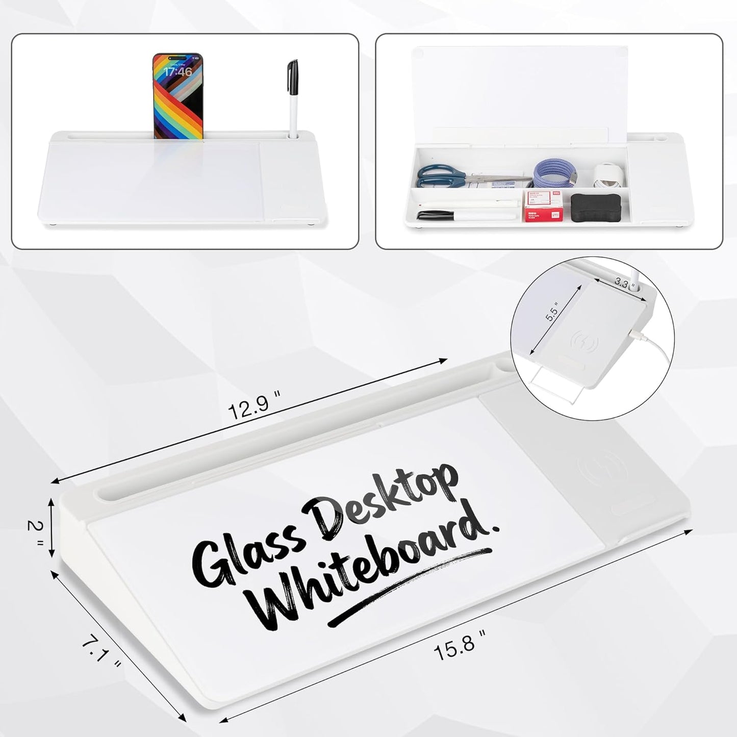 Glass Desktop Whiteboard 15.8×7”, Dry Erase Note Memo Board, Desk Organizer with Storage for Office, Home, Study, Black
