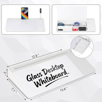 Glass Desktop Whiteboard 15.8×7”, Dry Erase Note Memo Board, Desk Organizer with Storage for Office, Home, Study, Black