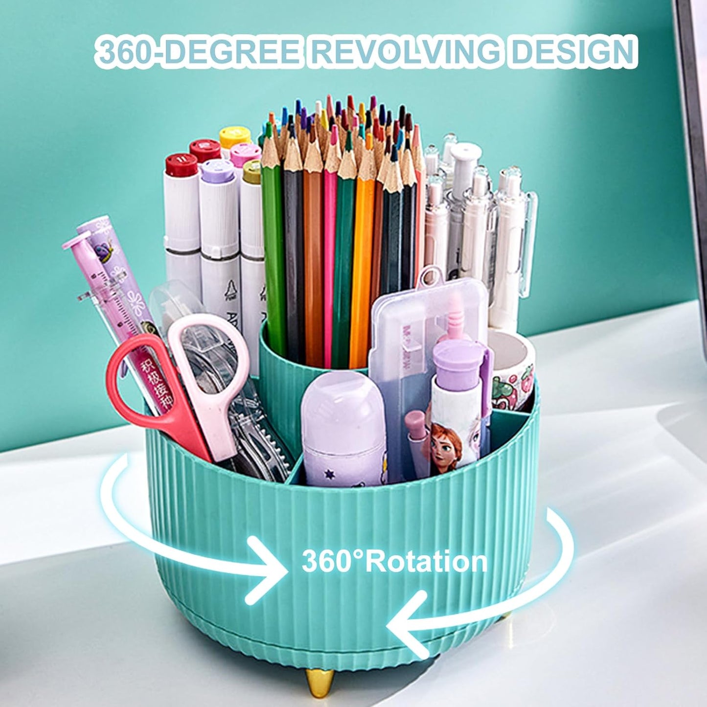 Cayxenful Pencil Holder For Desk,5 Slots 360°Degree Rotating Desk Organizers And Accessories,Desktop Storage Stationery Supplies Organizer, Cute Pencil Cup Pot For Office, School, Home (C-Blue)